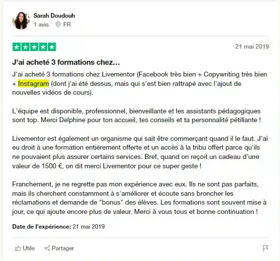 avis Truspilot Livementor Instagram
