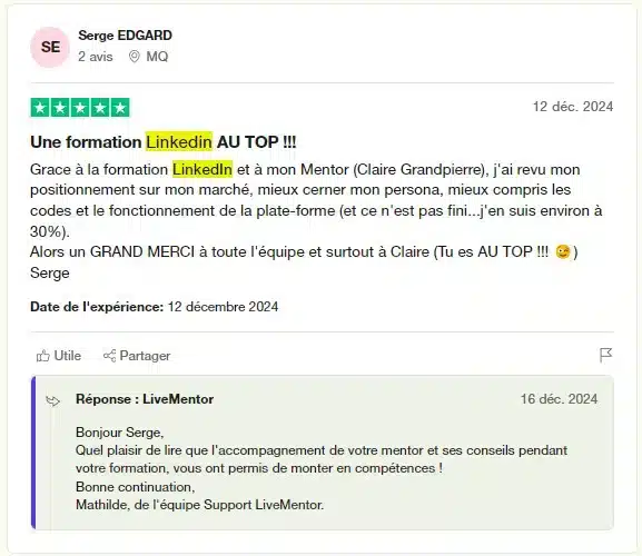 avis Truspilot Livementor Linkedin