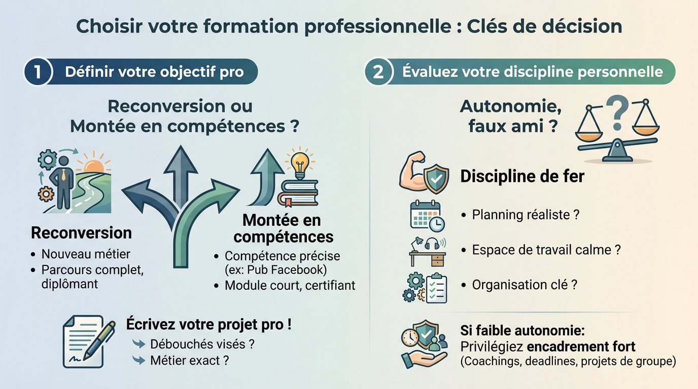 Schéma décisionnel illustrant les critères pour choisir une formation : projet, marché, qualité et budget