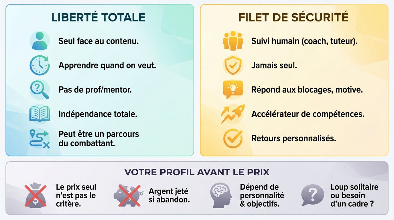 Comparaison entre un apprenant seul devant son écran et un autre en visioconférence avec un mentor