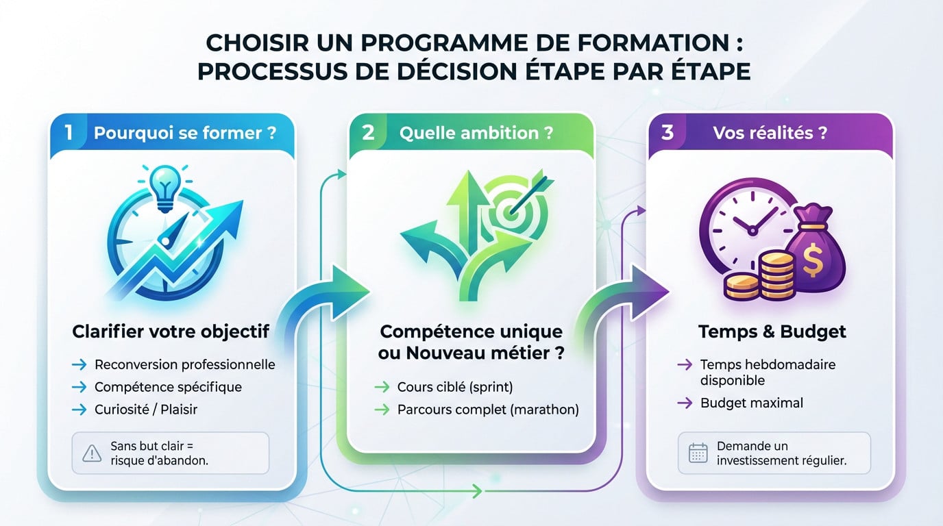 Infographie détaillant les étapes clés pour choisir sa formation en ligne