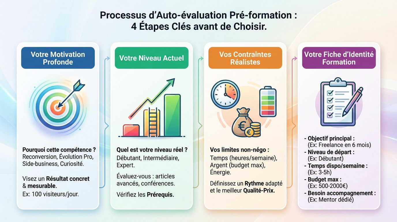 Schéma des 4 étapes clés de l'auto-évaluation avant de choisir une formation