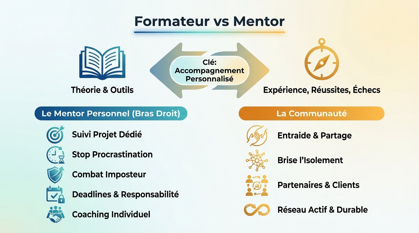 Schéma illustrant les bénéfices du mentorat et de la communauté pour réussir son side project