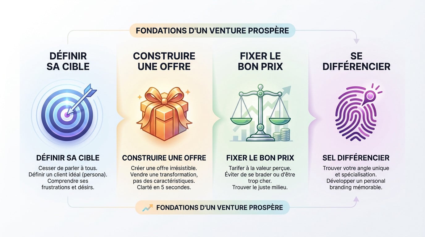 Infographie illustrant les piliers fondamentaux pour lancer une activité freelance prospère