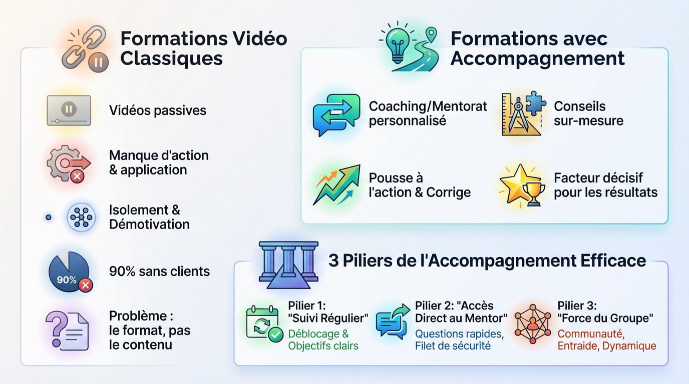 Comparatif visuel entre une formation vidéo passive et un accompagnement avec mentorat pour entrepreneurs